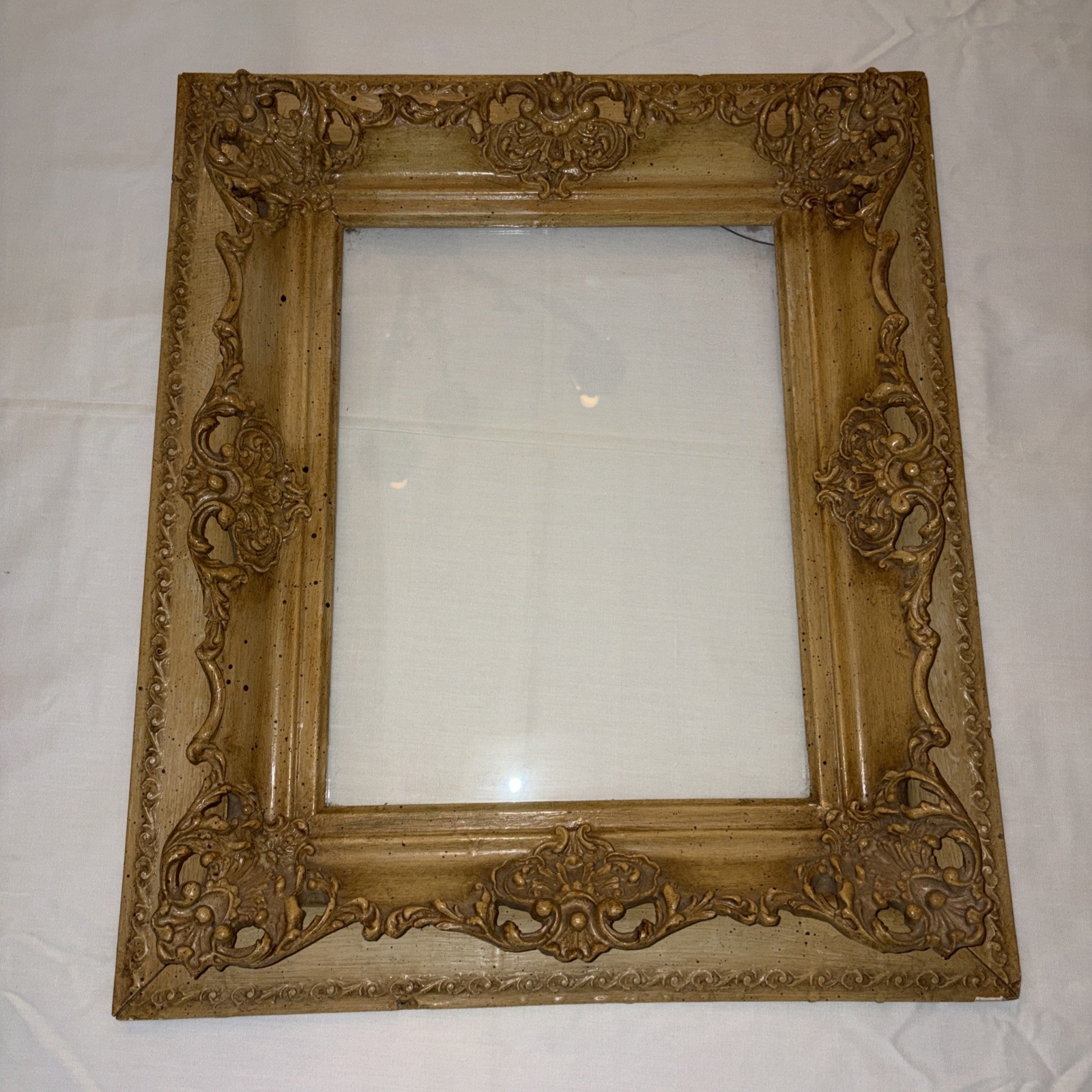 Antique Ornate Carved Hanging Gold Wood and Plaster Frame with glass 20.5 x 17.5