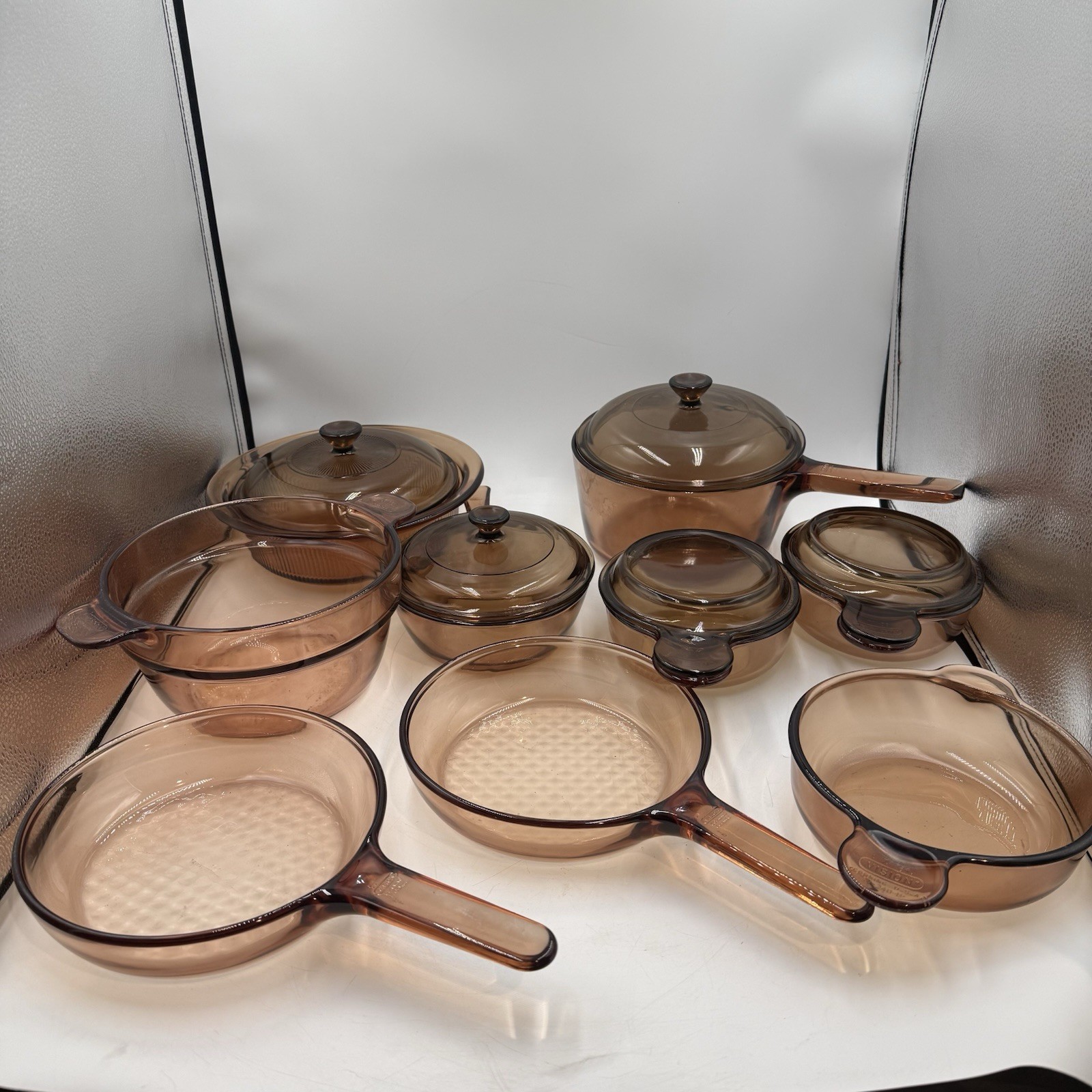 Vintage 14 Pc Corning Visions Amber Pyrex Cookware Set USA France Pots Pans Lids