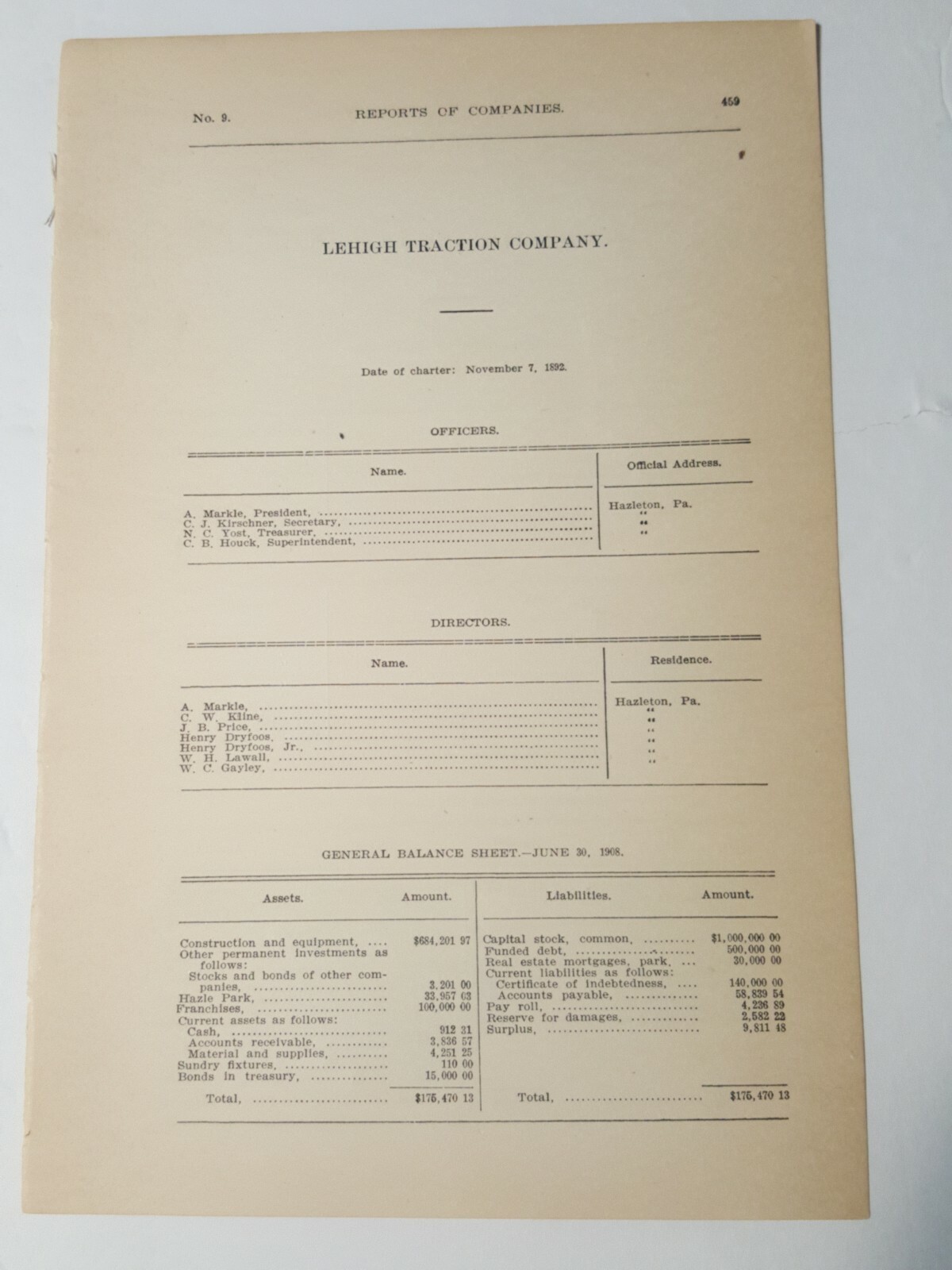 1909 RR document LEHIGH TRACTION COMPANY electric trolley streetcar HAZLETON PA 