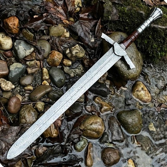 Hand Forged Damascus Steel Crusader Sword, Medieval Knight Display Collectible
