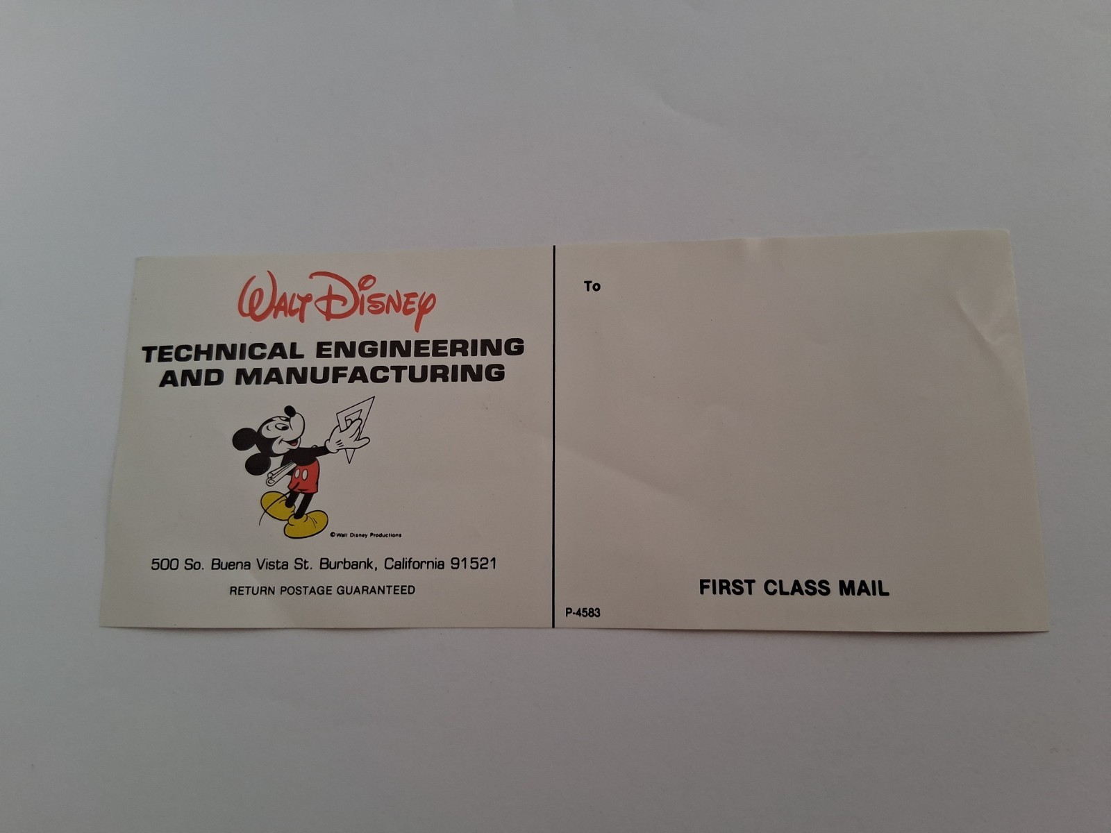 1980s Walt Disney Technical Engineering and Manufacturing Shipping Label Mickey
