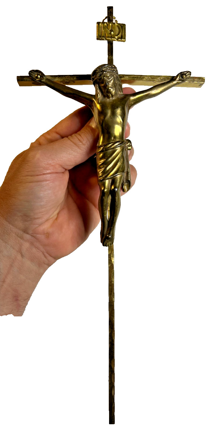 Vintage Antique c1950s Metal Brass Crucifix INRI Jesus Wall Cross 11.75\