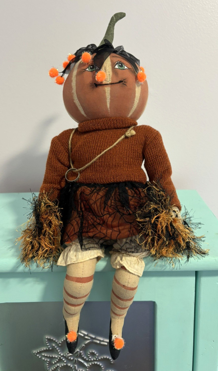 Joe Spencer Gathered Tradition Pumpkin Cheerleader Art Doll Halloween Decoration
