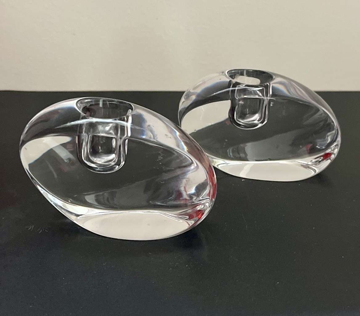 Nambe Pair (2) Crystal Contemporary Candlestick Holders