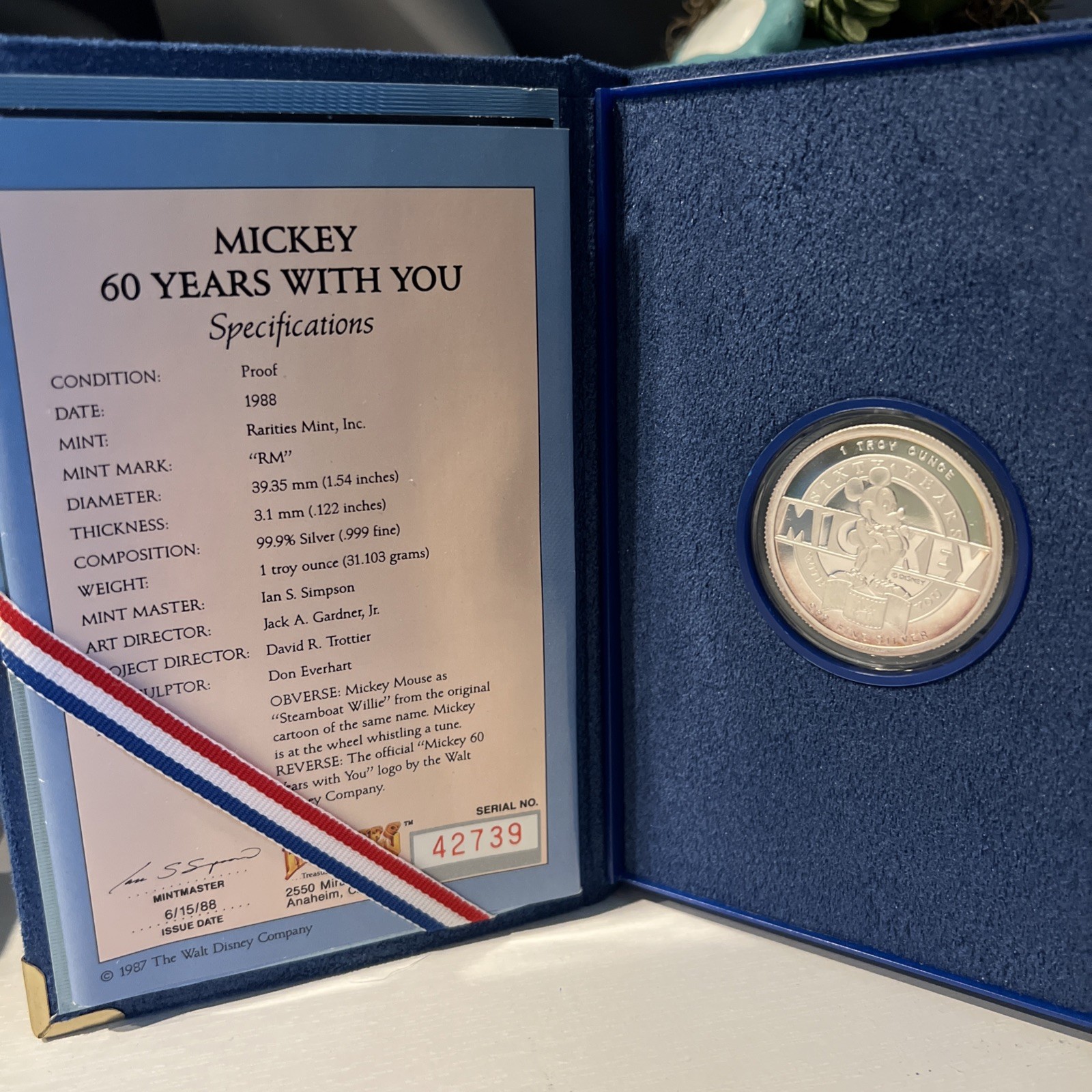 1988 DISNEY MICKEY MOUSE 60 Yrs WITH YOU ~ MICKEY MOUSE CLUB 1955 1 0Z SILVER