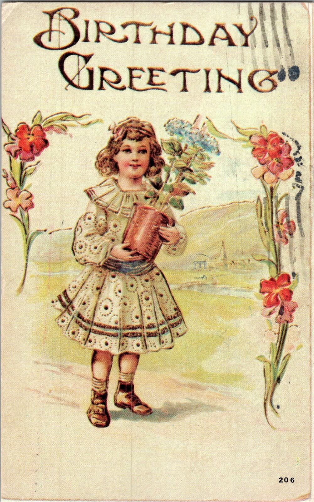 Vintage Look Reproduction Postcard Birthday Greetings Girl Flowers