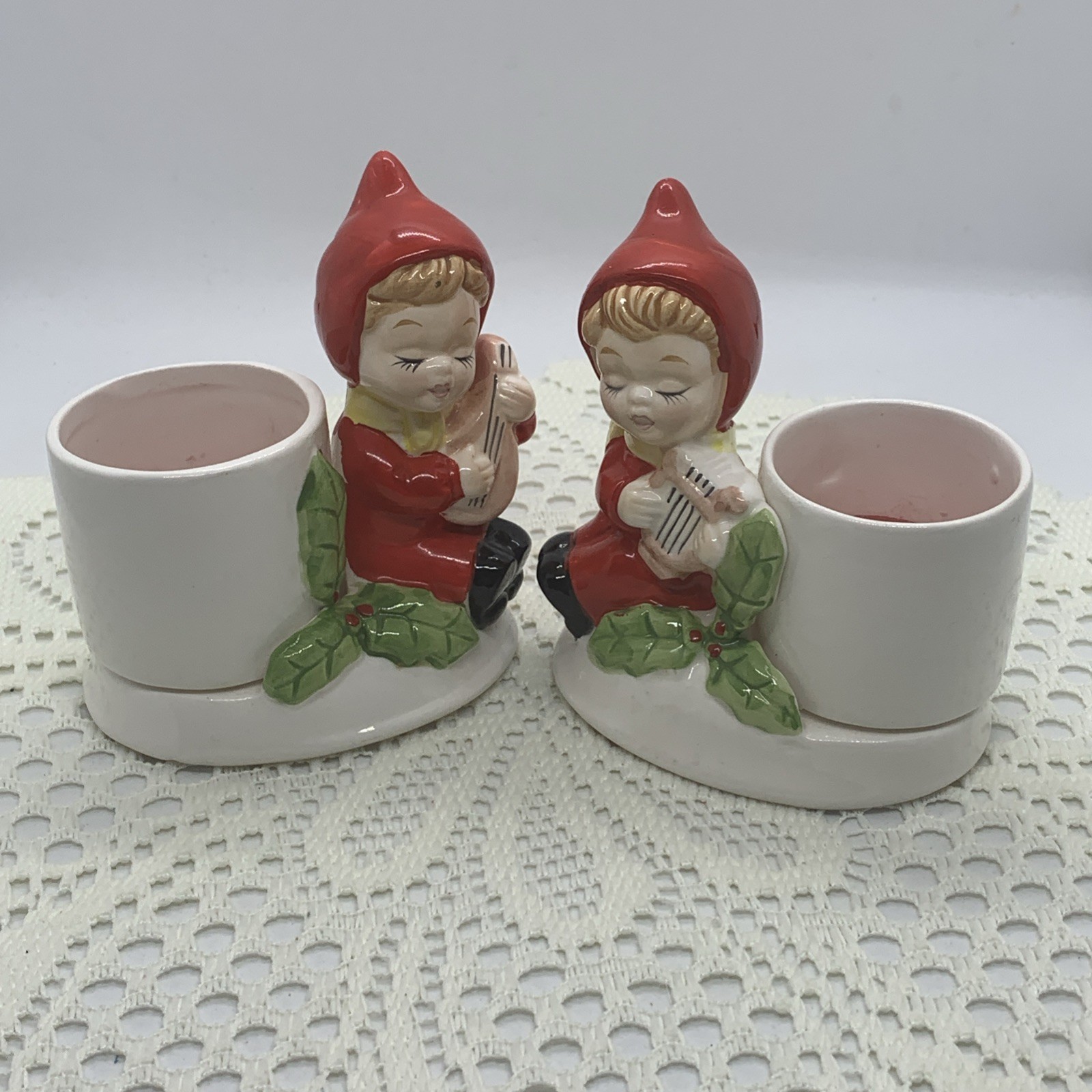 Vintage Set Brinn’s Ceramic Lyre & Mandolin Pixie Candle Holders 1970 Christmas