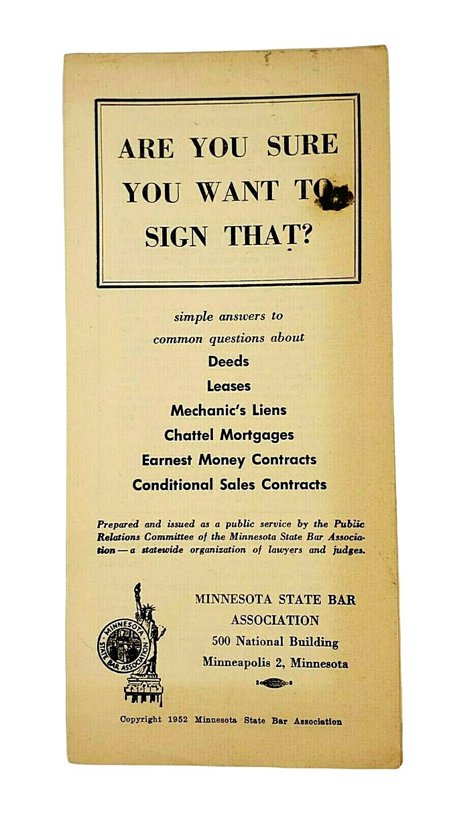 1952 Minnesota State Bar Assoc Brochure Deeds Leases Liens Mortgages Contracts