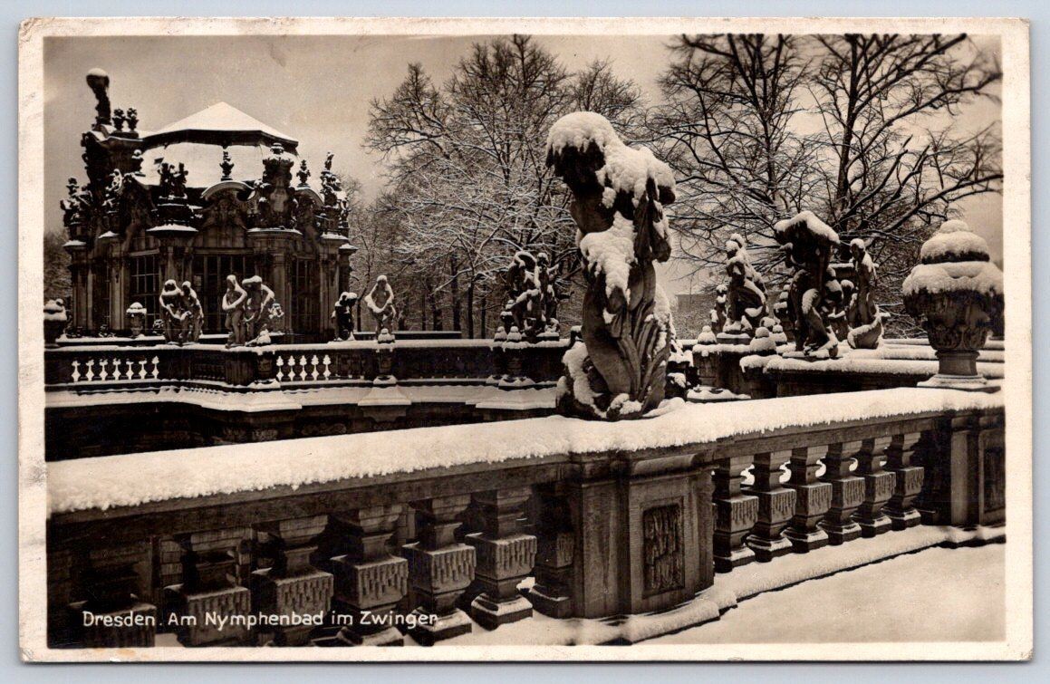 Antique Germany Postcard DRESDEN Zwinger Nymphenbad Snow 1938 RPPC