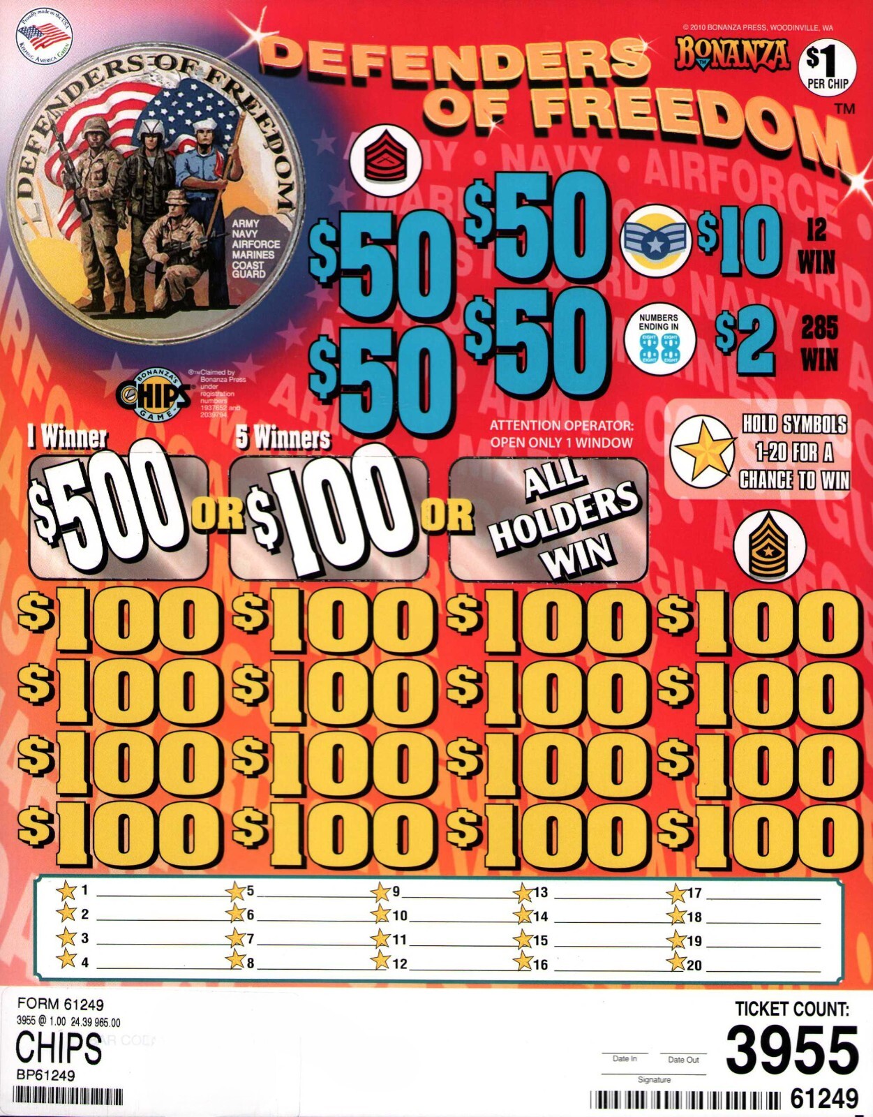 Pull Tab Tickets - Chip - Game -Defenders of Freedom - 3,955 ct
