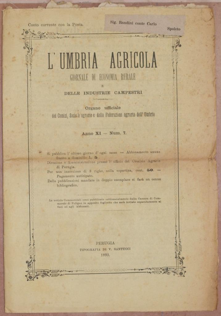 L\'UMBRIA AGRICOLA 30 JULY 1893 PERUGIA UMBRIA TERNI PERONOSPORA CONSORTIUM