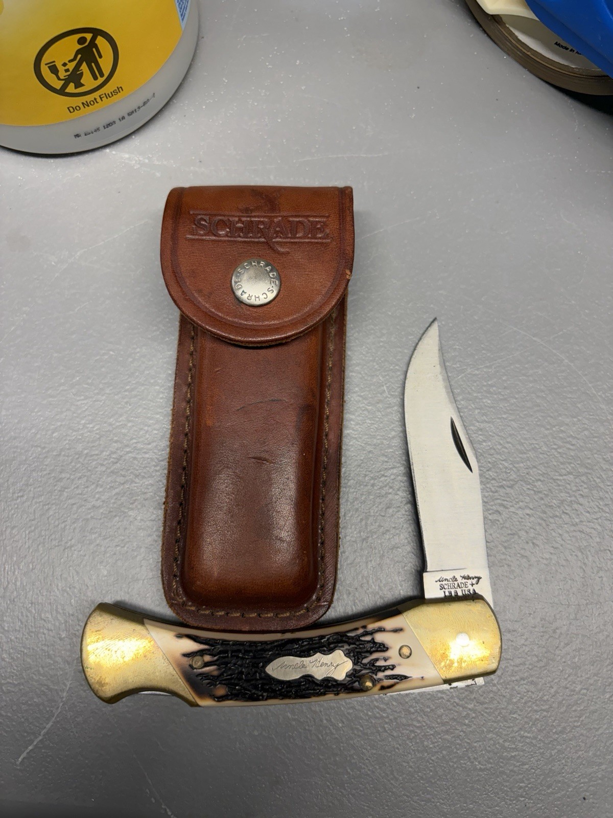 Vintage Schrade Uncle Henry LB8 USA Papa Bear Lockback Knife Leather Sheath