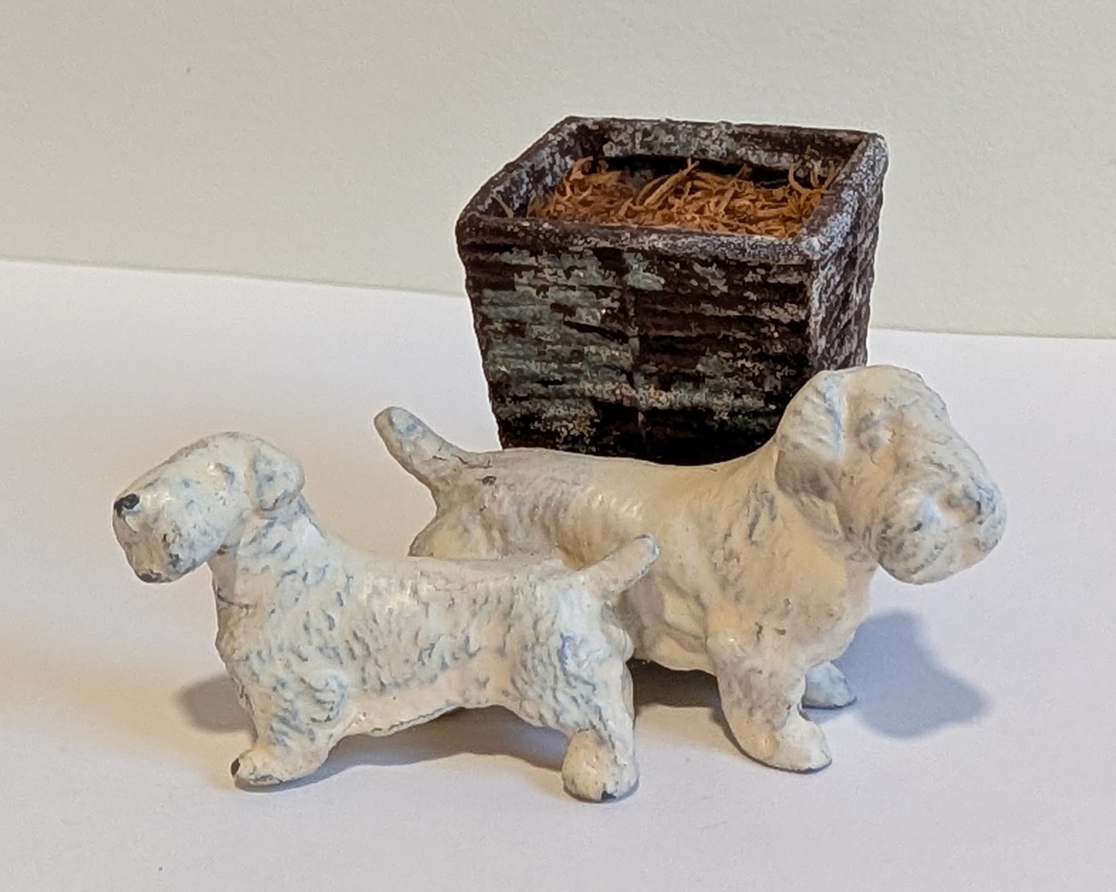 Antique Austrian Vienna Bronze Grouping of 2 Sealyham Terrier Dogs with Basket