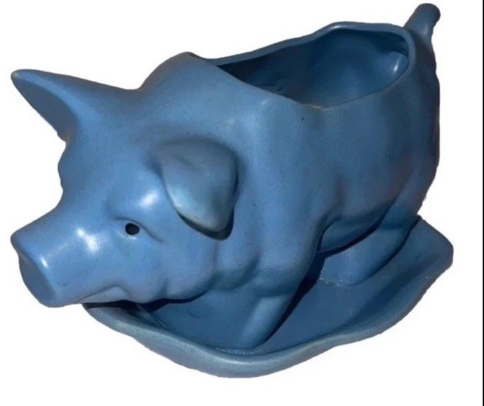 Cute Vintage CDP Ceramic Blue Pig Planter Figurine