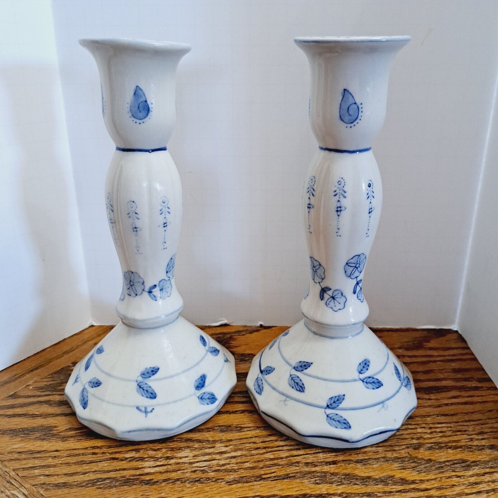 Vintage Blue & White Ceramic Handpainted Candlesticks