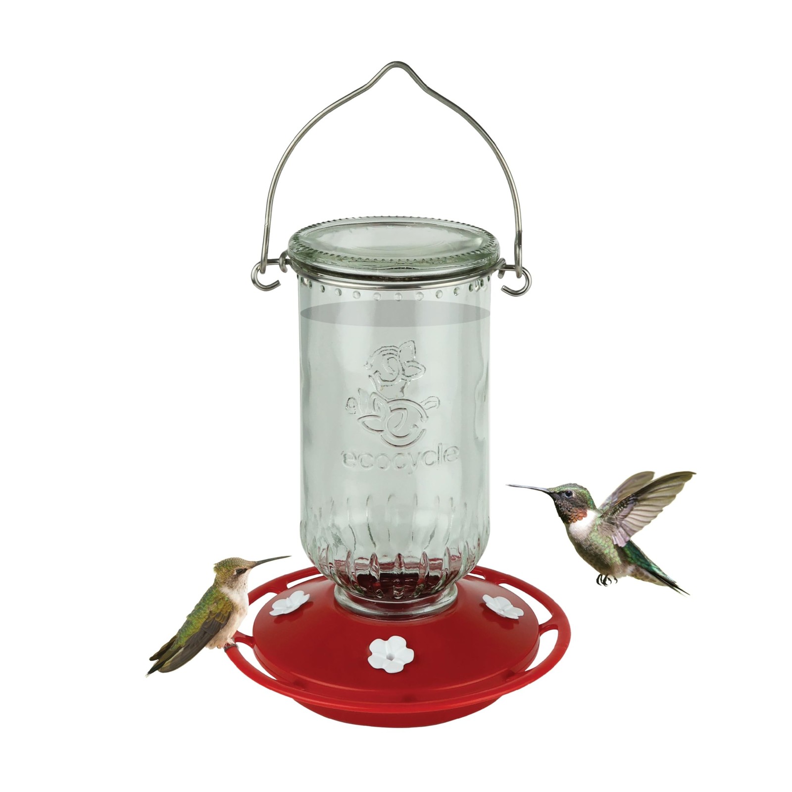 Ruby Roost Recycled Glass Hanging Glass Hummingbird Feeder for Outdoor Déco