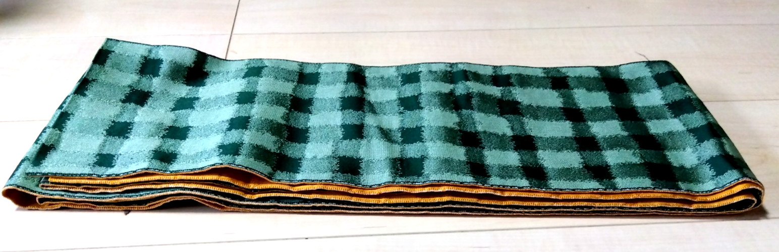 Reversible Hanhaba Obi – Check & Gold – 392cm × 16.5cm – Japanese Kimono Belt