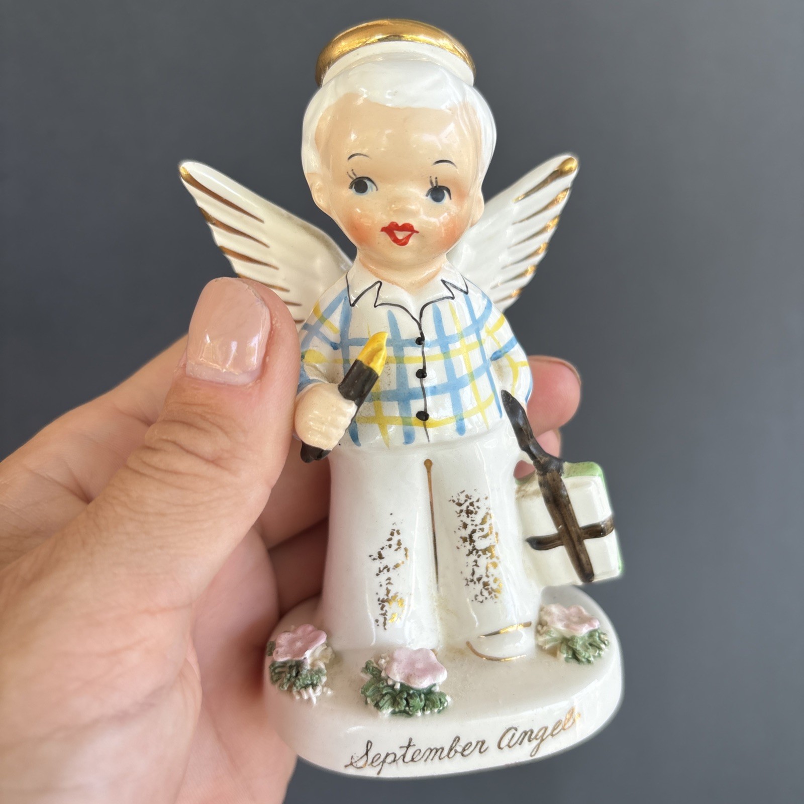 Vintage 1956 Napco BOY September ANGEL Birthday Figurine Back To School MCM