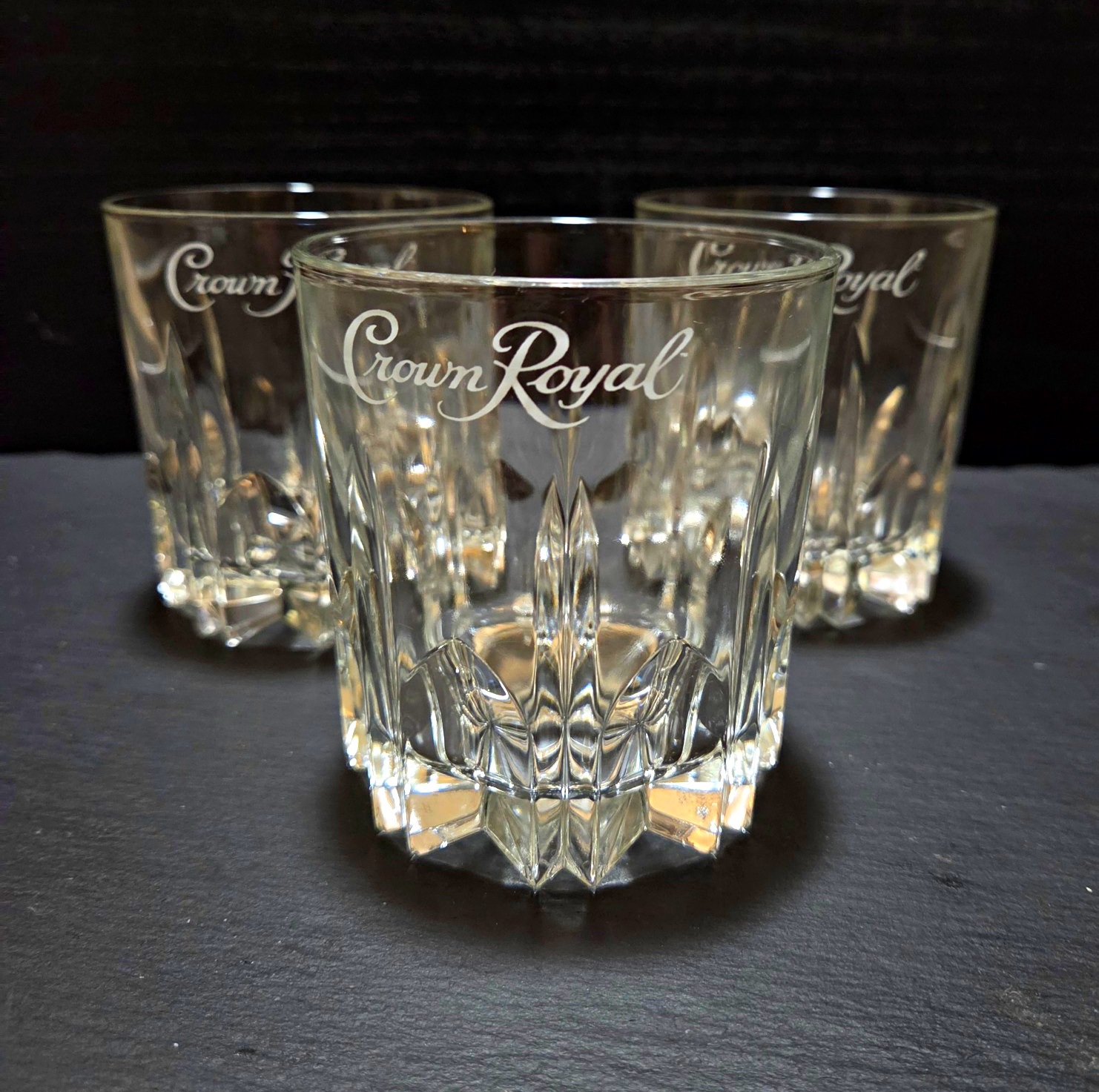 Crown Royal Etched Clear Whiskey Glasses Set of 3 Decorated Barware