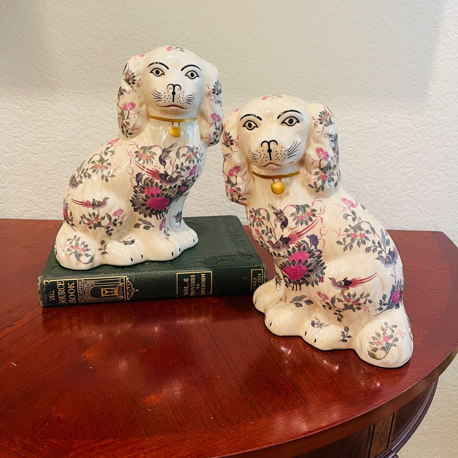 Rose Canton Pair Staffordshire Style Crackle Porcelain Dogs Rose Canton Pair Staffordshire Style Crackle Porcelain Dogs