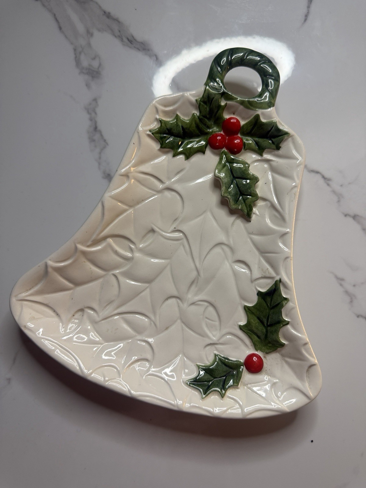 Vintage LEFTON Ceramic White Christmas Bell Serving Candy Dish w/Holly Leaves