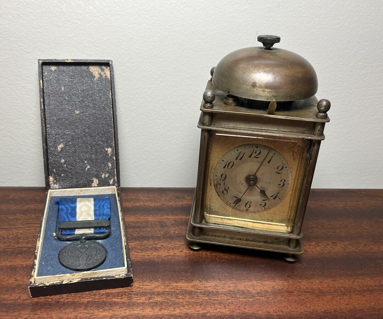 Antique Japanese Seikosha Alarm Clock & Siberian War Medal IN BOX - WW2 Trophy