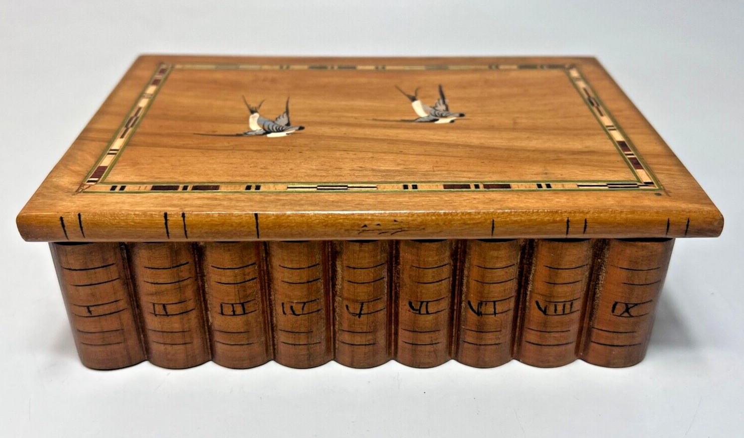 Art Deco Italy Sorrento Ware Wooden Box Puzzle Secret Lock Swallow Birds Lid