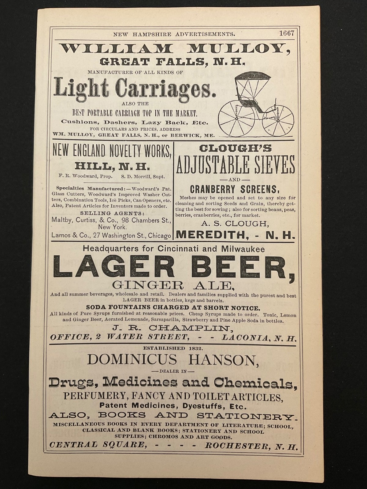 1883 Antique Ad Page Lager Beer, Hanson Medicines, Knitting Machines NH