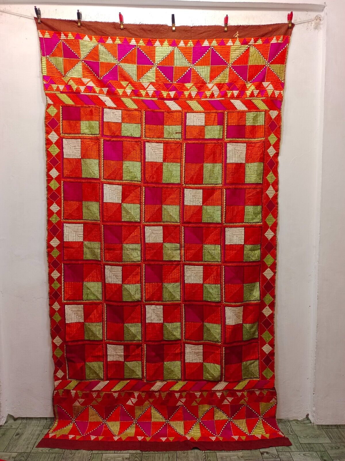 Antique Hand Embroidered Phulkari Bagh Silk Embroidery Textile 234×131 Cm