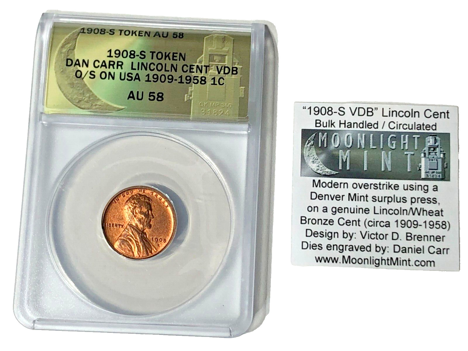 Rare 1908 S vdb Copper Lincoln Wheat Penny Cent Fantasy Overstrike Daniel Carr