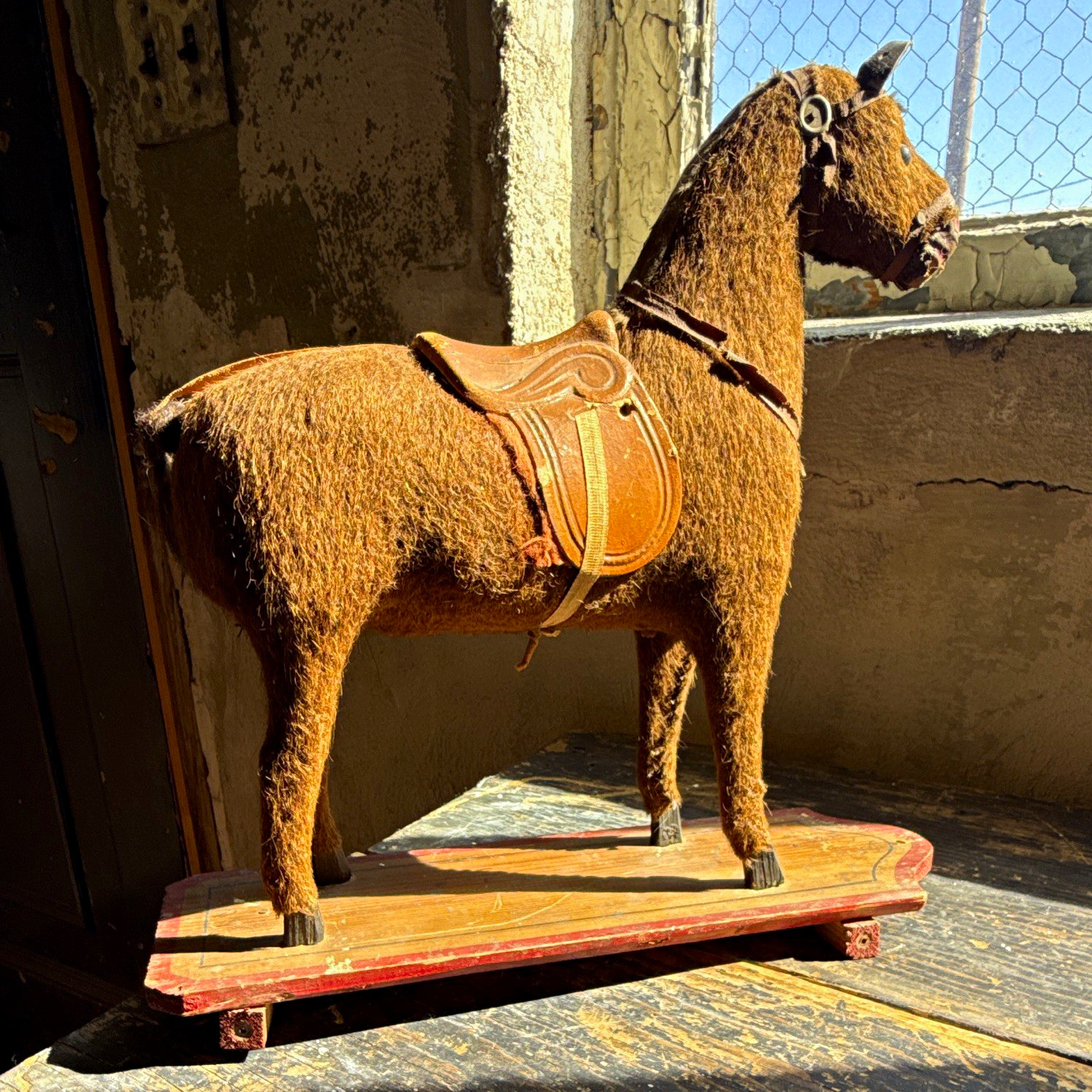 Antique German Horse Pull Toy 1890 Mohair Leather Saddle Wood Platform Folk Art Antique German Horse Pull Toy 1890 Mohair Leather Saddle Wood Platform Folk Art