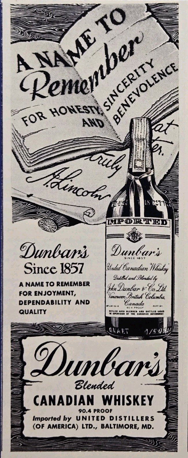 1945 Dunbar\'s Canadian Whiskey Print Ad - A Name to Remember Enjoyment Quality