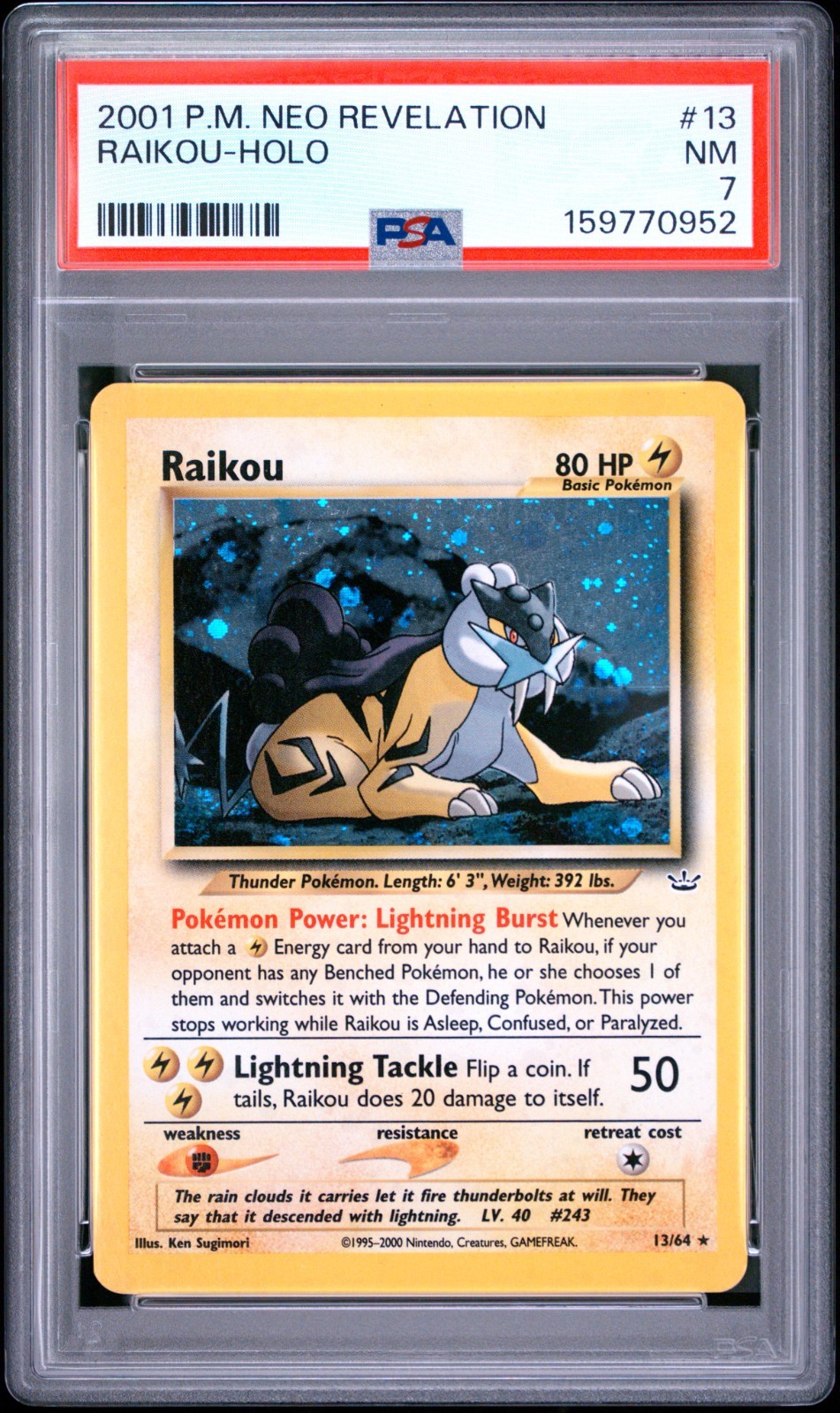 2001 Pokémon Neo Revelation Raikou #13/64 Holo PSA 7 NM WOTC Vintage