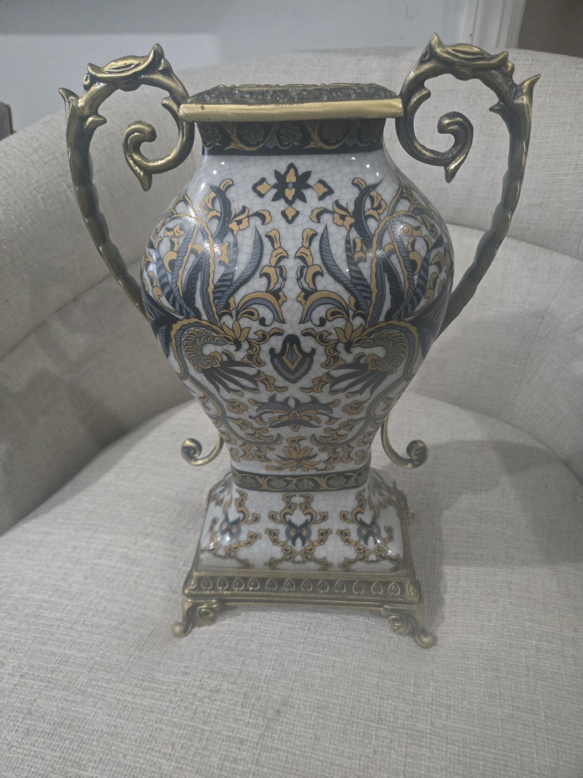 Vintage Replica Crackled Glaze Porcelain Urn w/ Ormolu Bronze Mounts