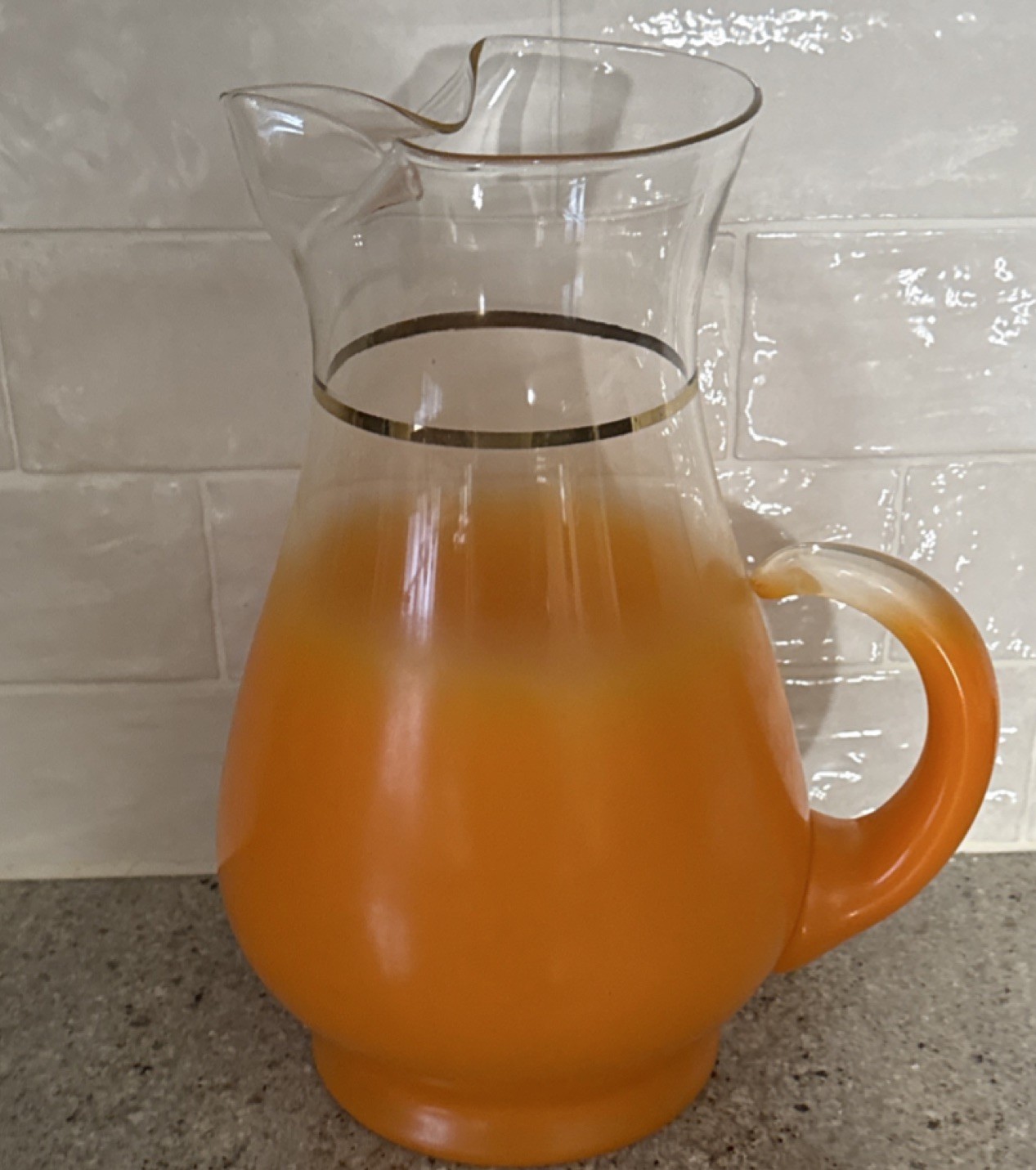Vintage Orange Cased Art Glass Pitcher Ruffled Spout MCM Applied Handle 