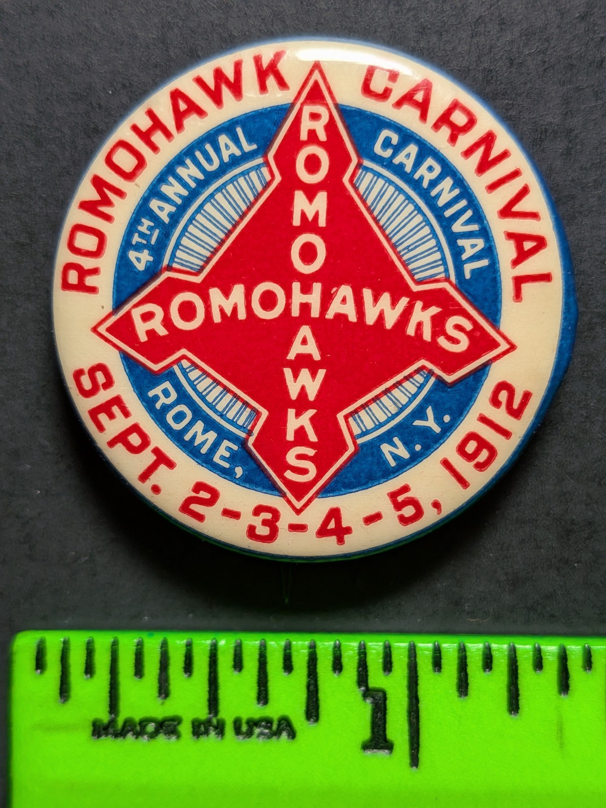 Vintage 1912 Romohawk Carnival Rome New York Pinback Pin Vintage 1912 Romohawk Carnival Rome New York Pinback Pin