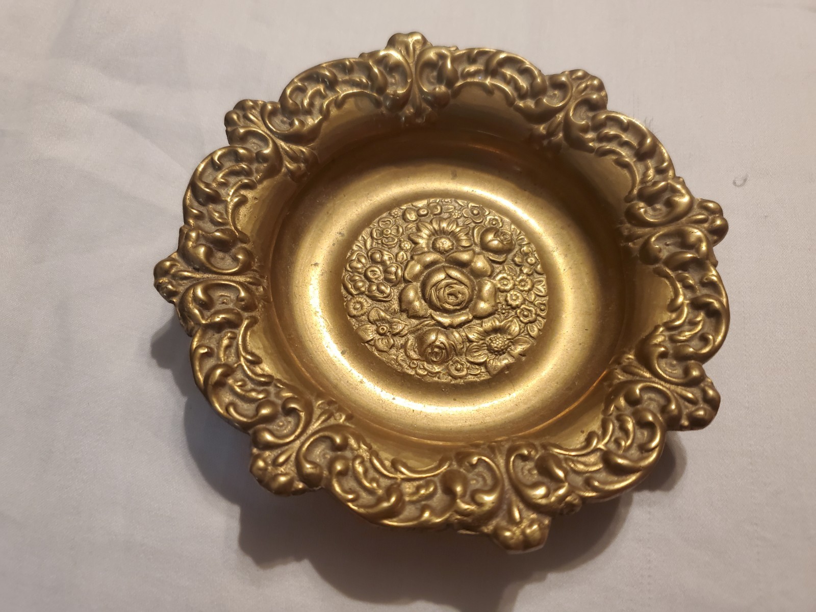 Brass Trinket Dish Liards Ltd. Embossed Rose Scalloped Rim Small Vintage Bowl