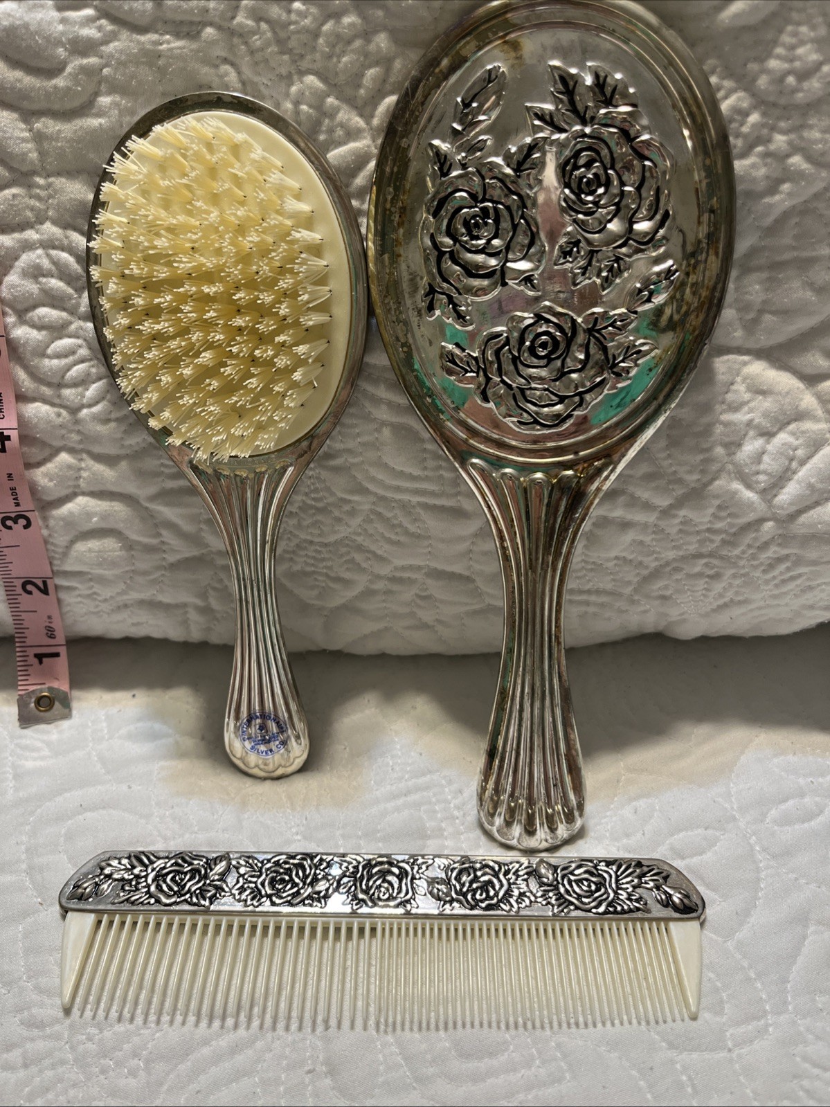 3-Piece Vintage Silver Vanity Set – Brush, Comb, and Hand Mirror