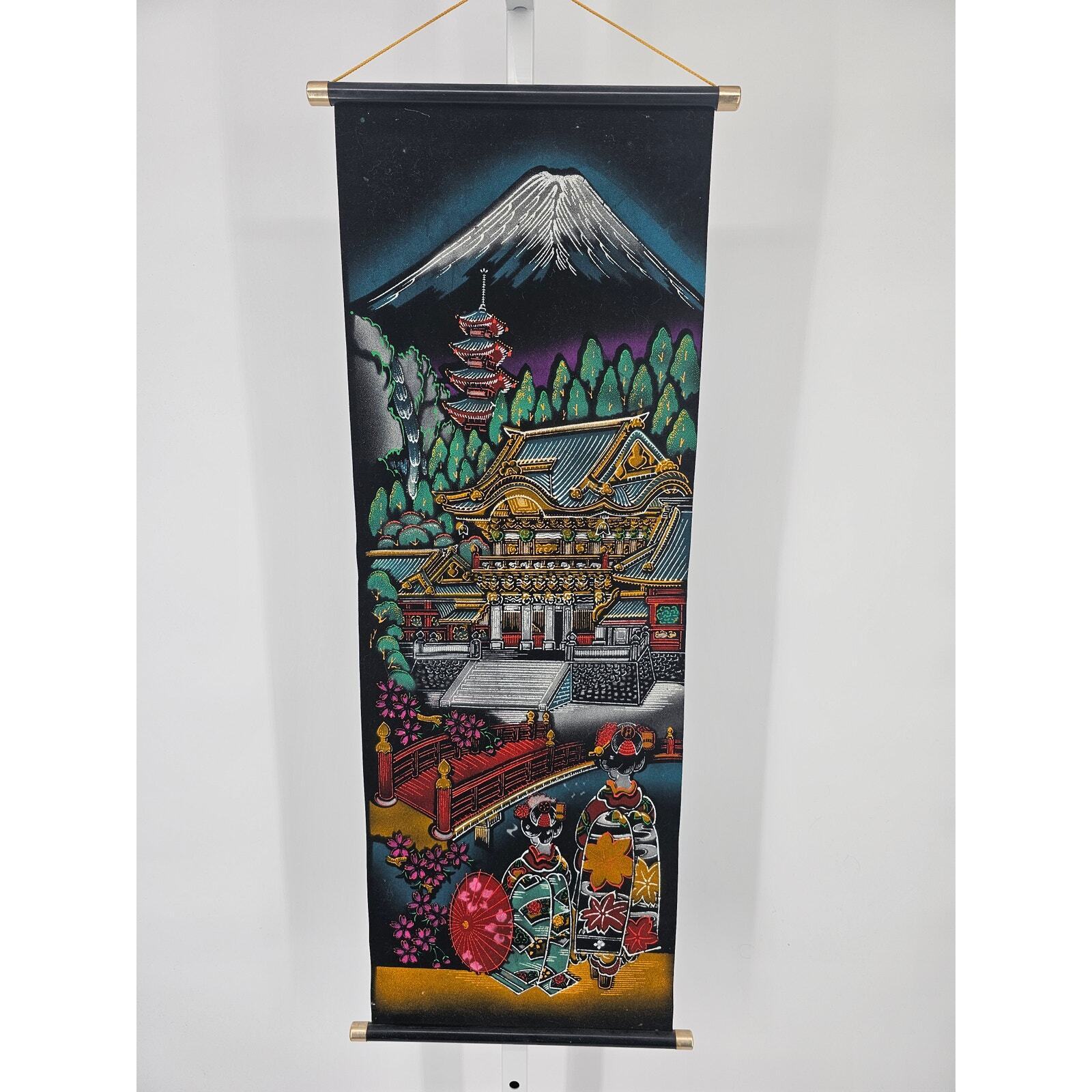 Vintage 1960s Japanese Wall Hanging Tapestry Velvet Hand Painted Scroll Pagoda
