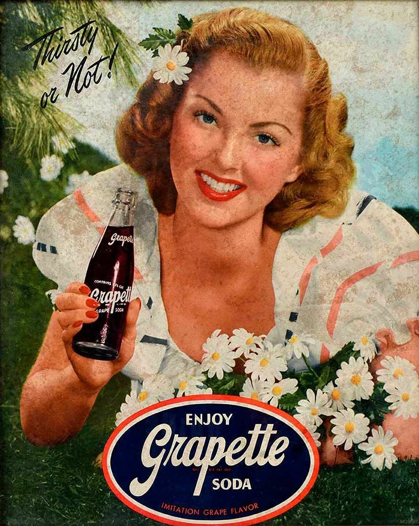 GRAPETTE GRAPE SODA POP WOMAN FLOWERS HEAVY DUTY USA MADE METAL ADVERTISING SIGN