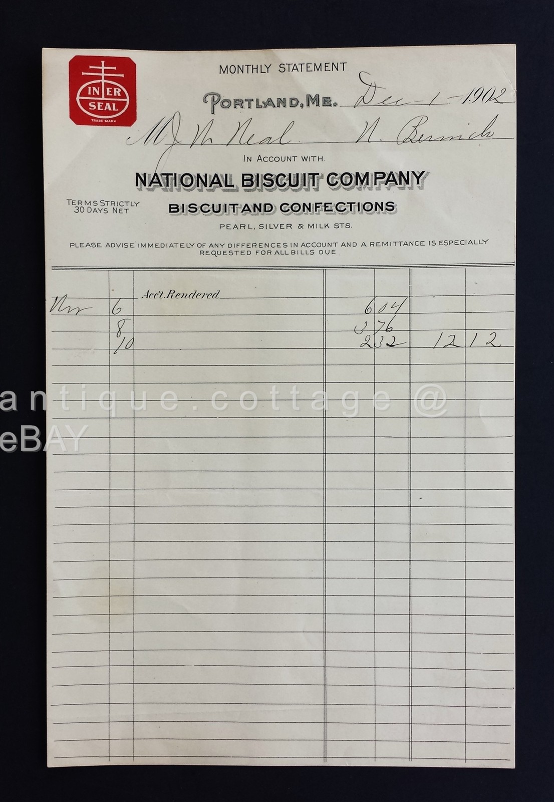 1902 antique NATIONAL BISQUIT CO RECEIPT portland me NABISCO confections NEAL