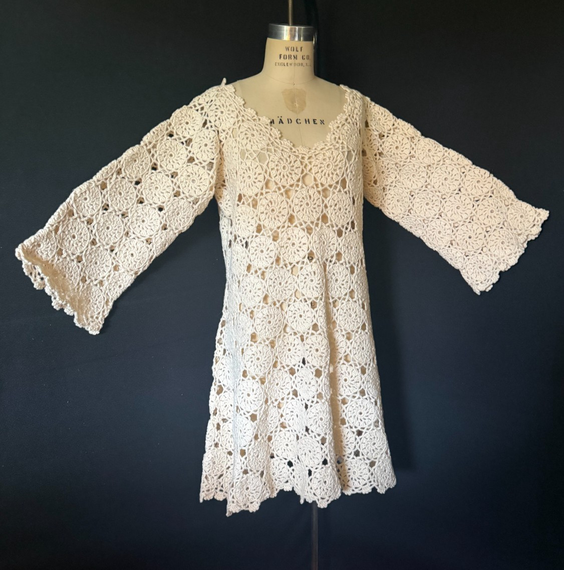 VTG. MCM 1970s BOHEMIAN DRESS, HAND CROCHET WOOL, Bell sleeves sz., M/L, CUTE