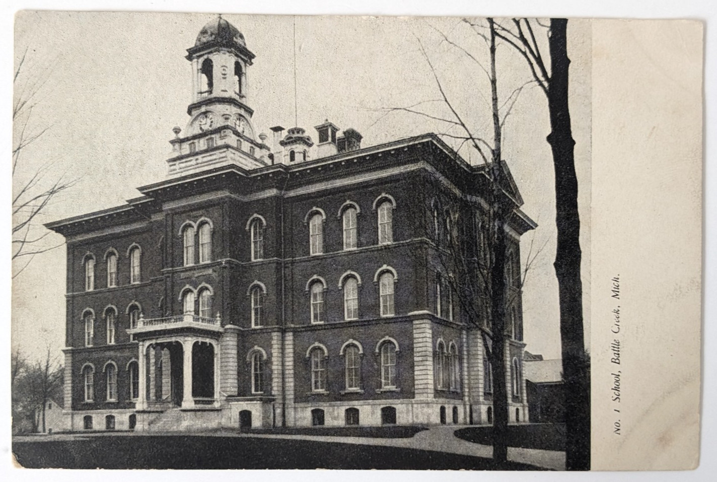 Battle Creek Michigan No. 1 School Old Central High Clock Tower c1900s Postcard