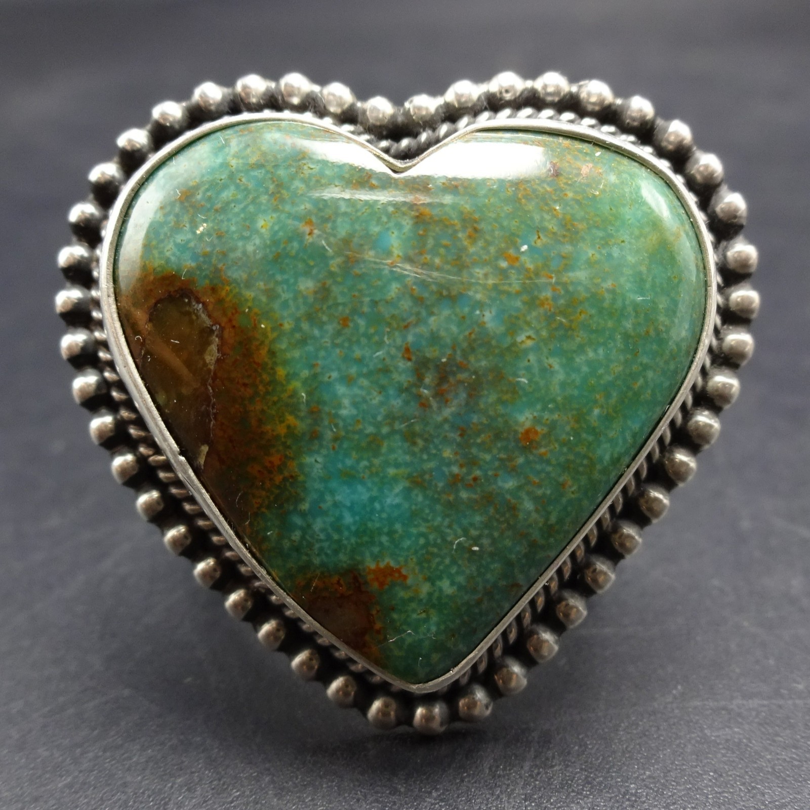 ANNIE HOSKIE Navajo HEART SHAPED TURQUOISE CAB Sterling Silver RING size 8.75