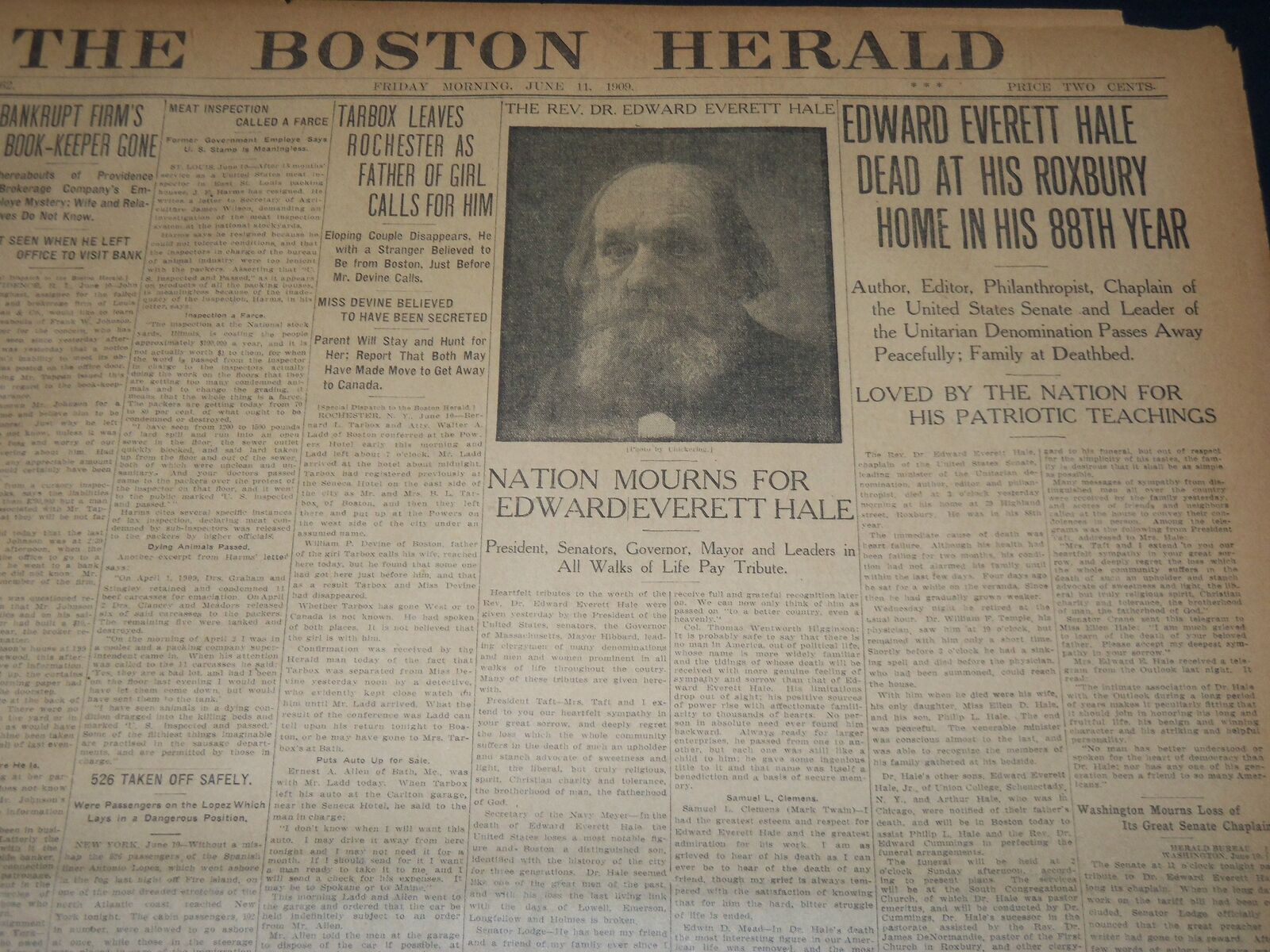 1909 JUNE 11 THE BOSTON HERALD - EDWARD EVERETT HALE DEAD AT 88 - BH 380