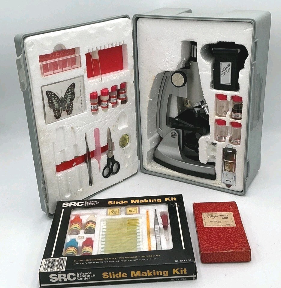 Vintage Tasco 1200X Microscope Kit Hard Case Slides Specimens SRC Slide Set