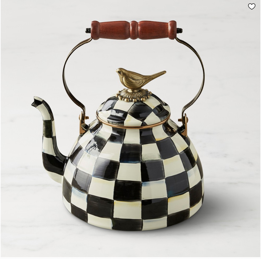 MacKenzie-Childs Courtly Check Tea Kettle Bird Knob 3 Qt Enamel Steel MacKenzie-Childs Courtly Check Tea Kettle Bird Knob 3 Qt Enamel Steel