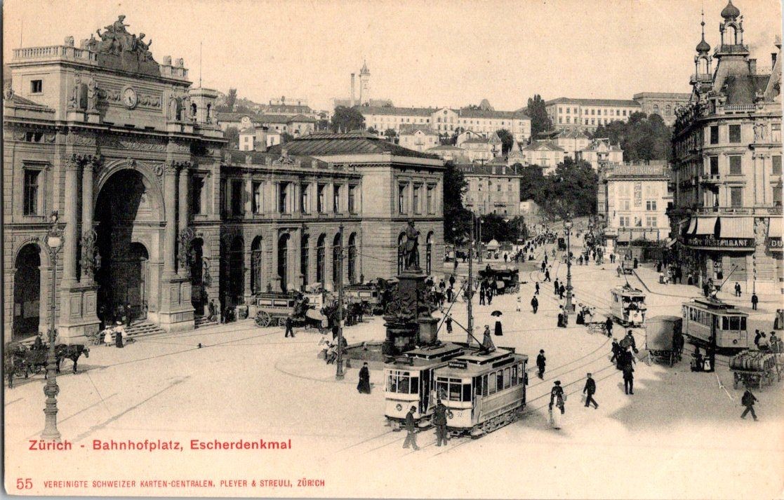 Vintage Zurich Bahnhofplatz Escherdenkmal Tram Postcard by Pleyer & Streuli Vintage Zurich Bahnhofplatz Escherdenkmal Tram Postcard by Pleyer & Streuli