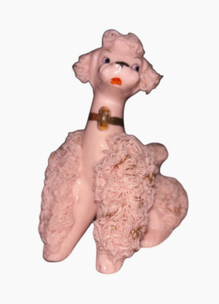 Vintage Pink Spaghetti Poodle Family Figurines Gold Trim Original Chain Missing.
