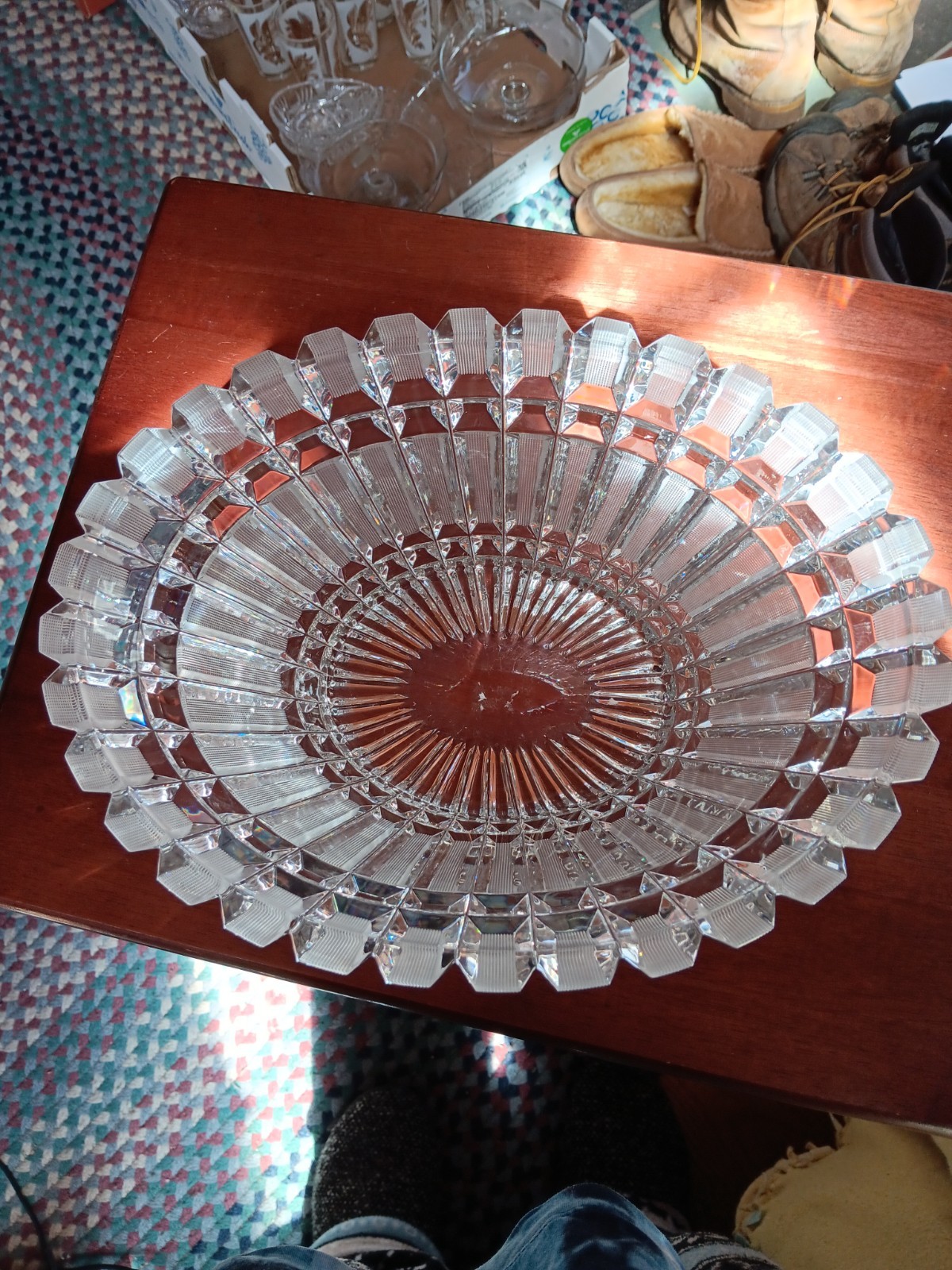 Vtg Russian Centerpiece Lead Cut Crystal Panel Cross Hatch Oval Bowl # 2123